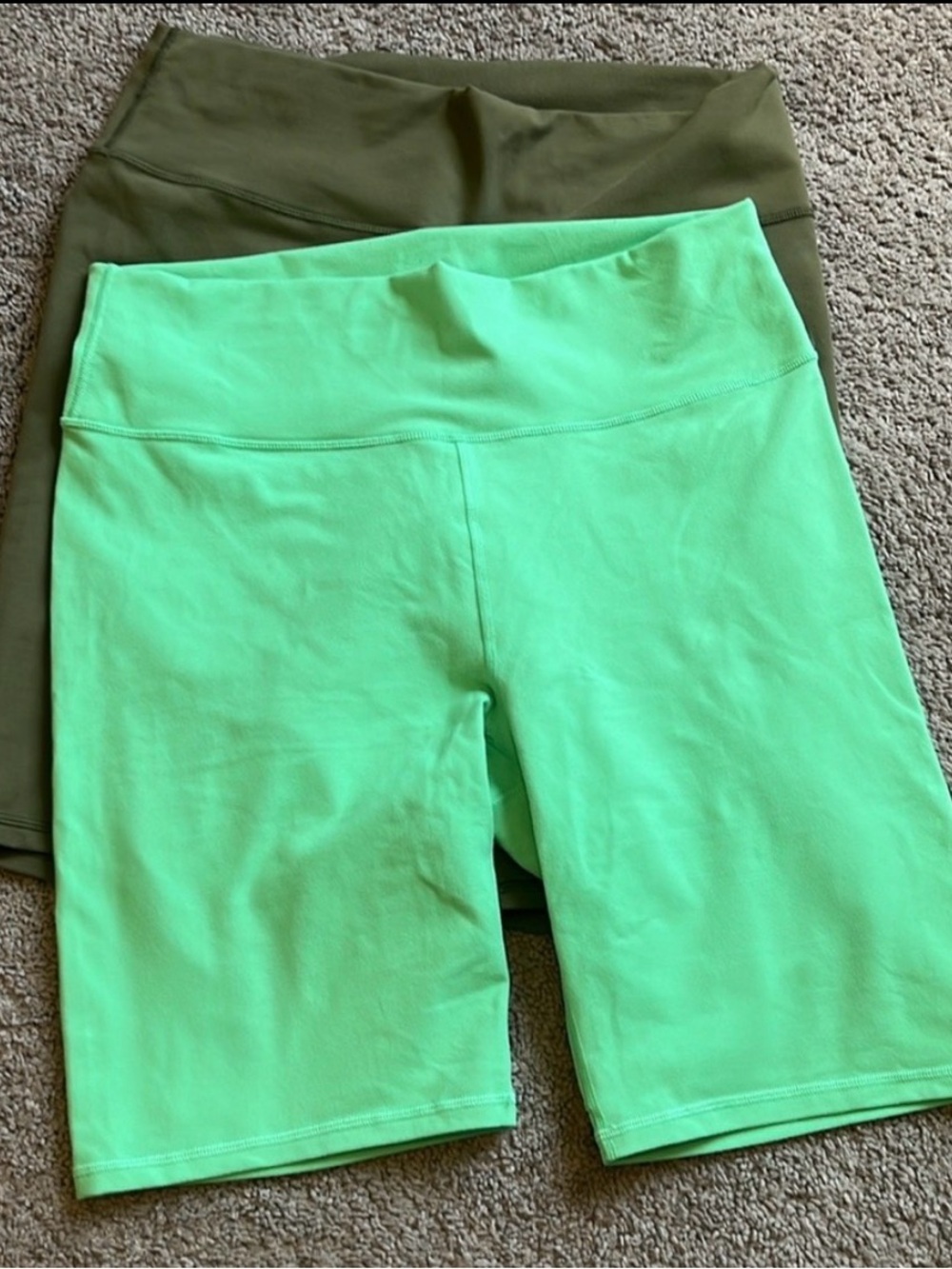 Fabletics High-Waist Bike Shorts in Mint Green and Olive